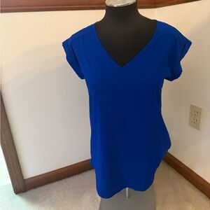 Express cap sleeve royal blue semi sheer v neck silky polyester blouse.